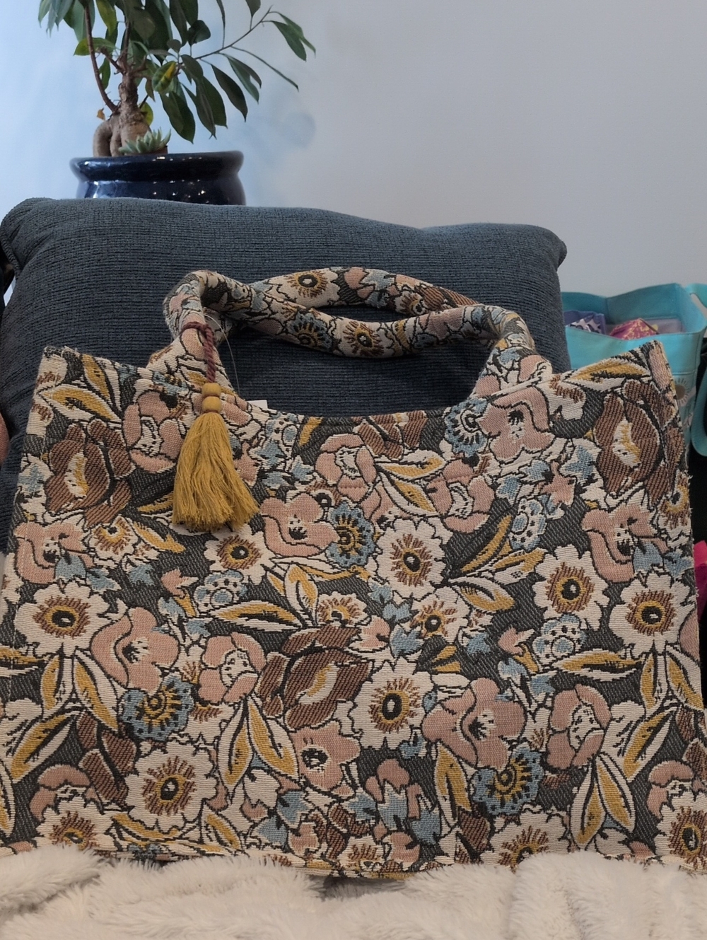 Floral Tapestry Shoulder Tote with Tassel